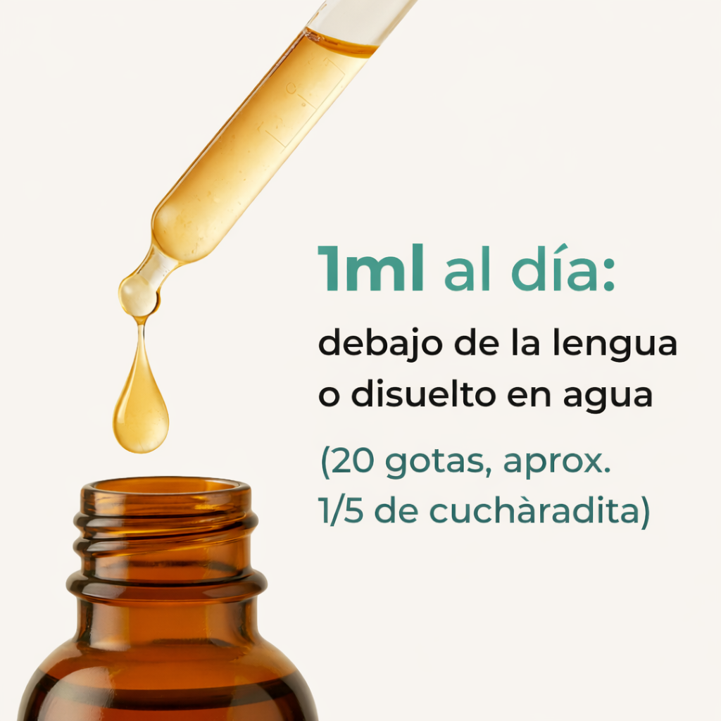 Cómo tomarlo: 1 ml al día debajo de la lengua o en agua