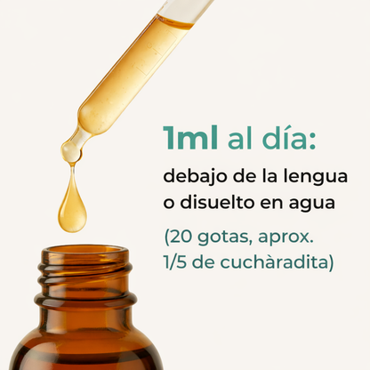 Cómo tomarlo: 1 ml al día debajo de la lengua o en agua